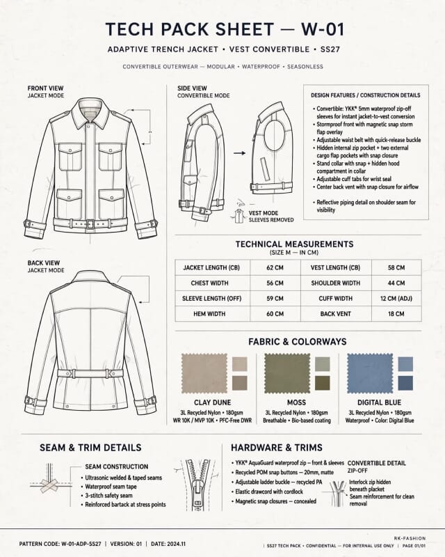 Tech pack sheet for a convertible trench jacket: flats, measurements, fabric and trims