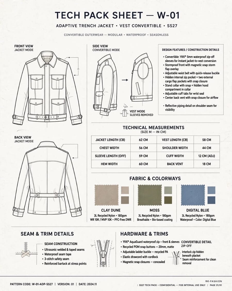 Trench jacket tech pack page with flats, a measurement table, fabric colorways and trim details