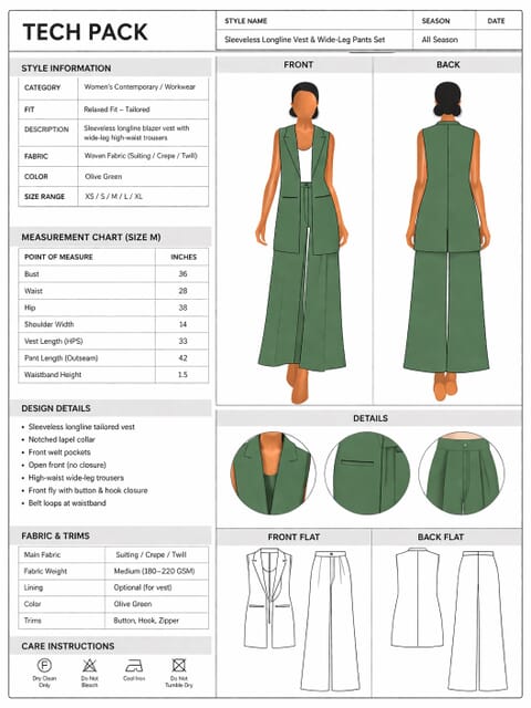Tech pack page for a vest and wide-leg trouser set: style information, measurement chart, front and back views, detail circles, flats, fabric and care