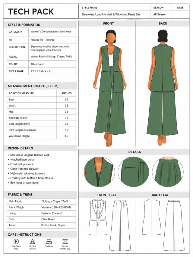 Tech pack cover page with front and back views, measurement chart and fabric details