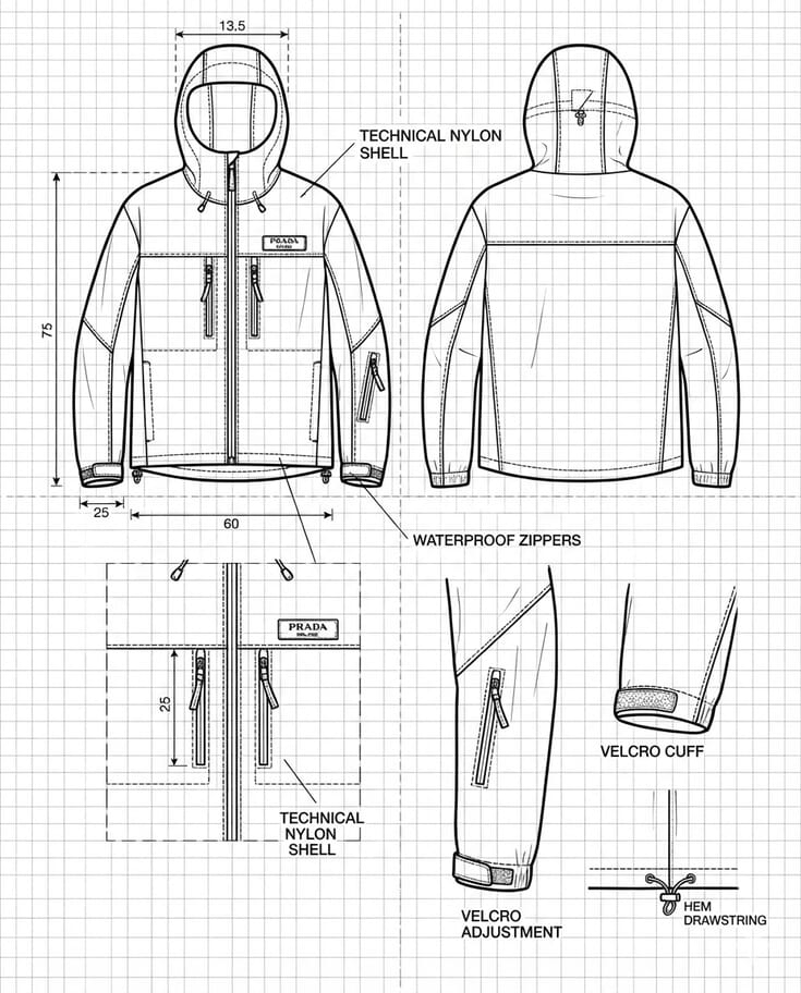 Desenhos técnicos de um casaco de nylon com capuz, fecho e punhos assinalados