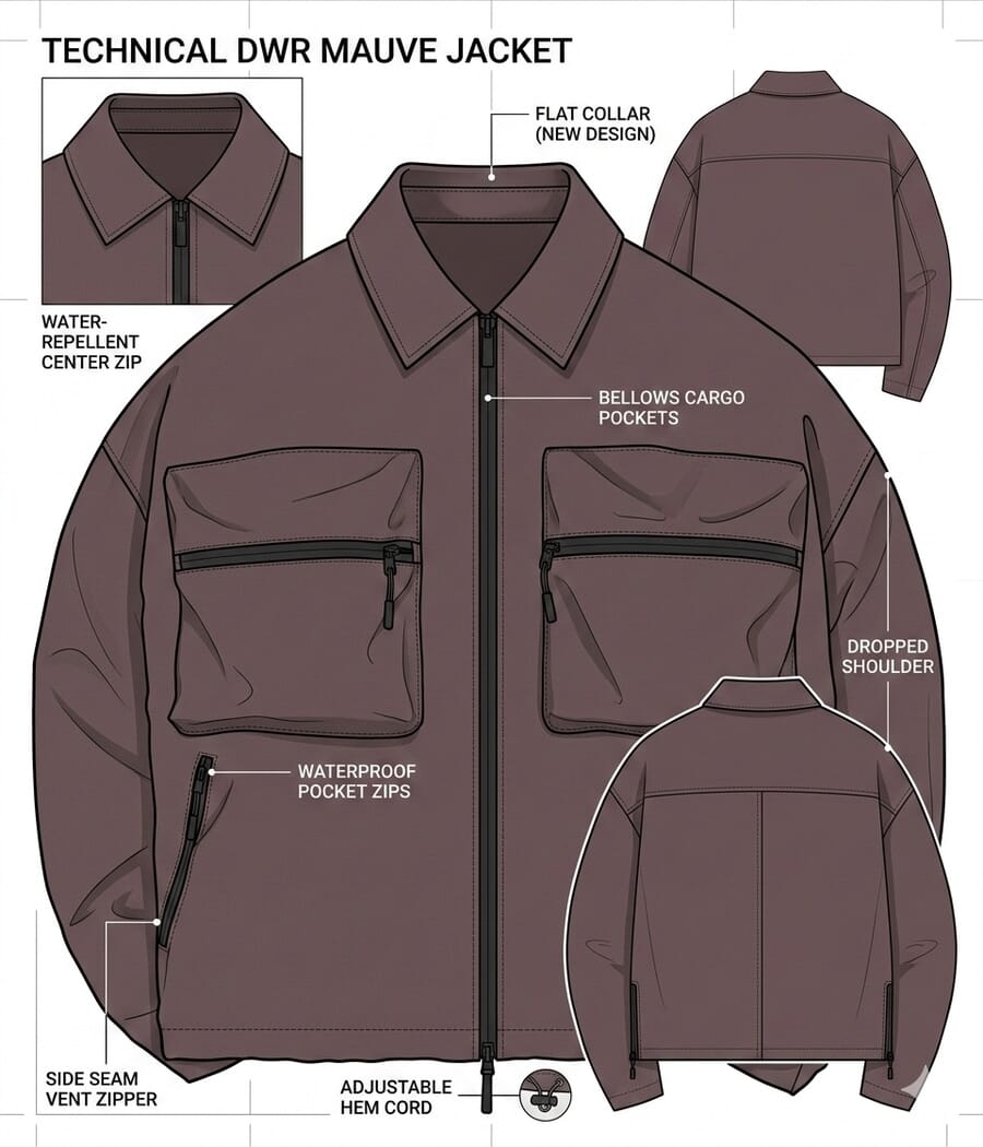 Illustrated jacket with callouts for collar, pockets, zips and hem