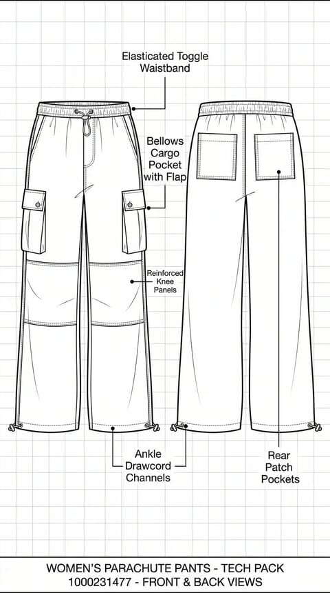 Front and back flats of parachute pants with callouts for the elastic toggle waistband, cargo pockets and ankle drawcords