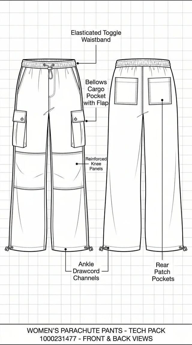Front and back flats of parachute trousers with pocket and waistband callouts