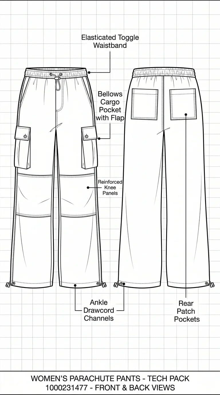 Front and back flats of parachute trousers with pocket and waistband callouts