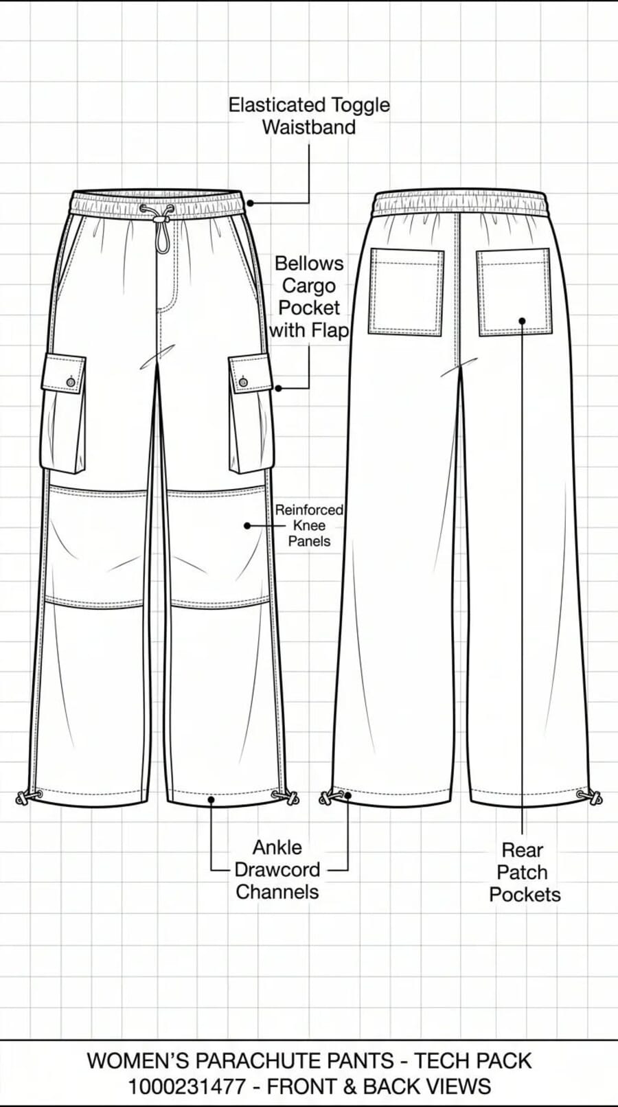 Front and back flats of parachute trousers with pocket and waistband callouts