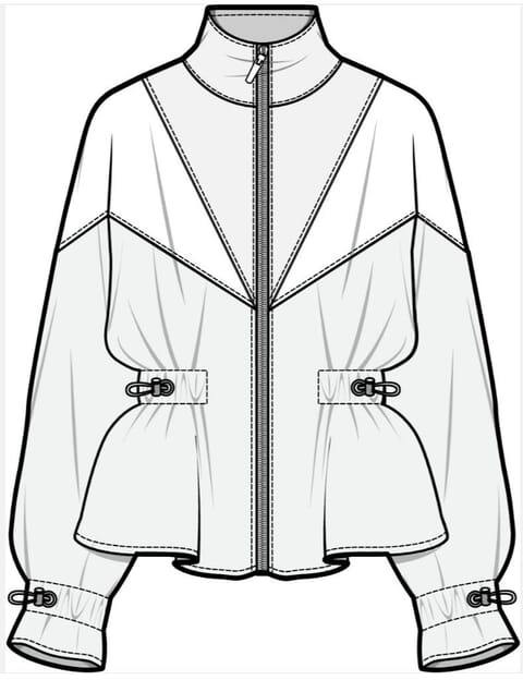Front flat of a zip jacket with a stand collar, cinched waist toggles and cuff adjusters