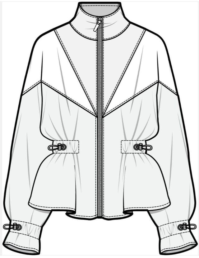 Front flat of a zip-front track jacket with toggles at the waist and cuffs