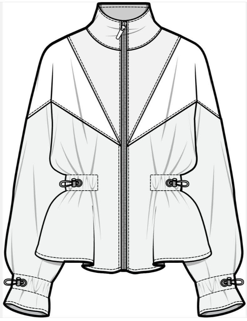 Front flat of a zip-front track jacket with toggles at the waist and cuffs