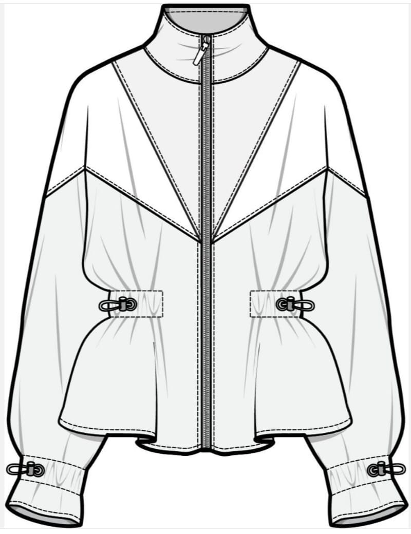 Front flat of a zip-front track jacket with toggles at the waist and cuffs