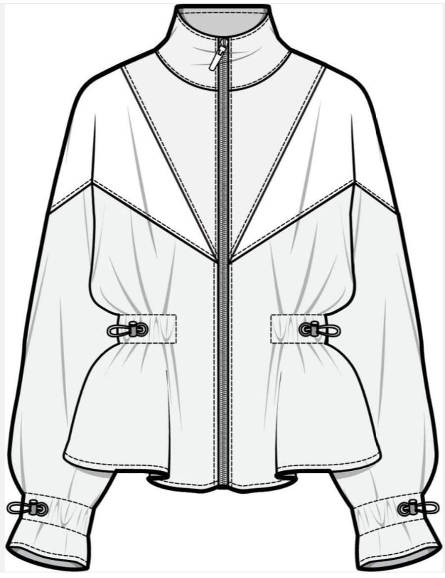 Front flat of a zip-front track jacket with toggles at the waist and cuffs