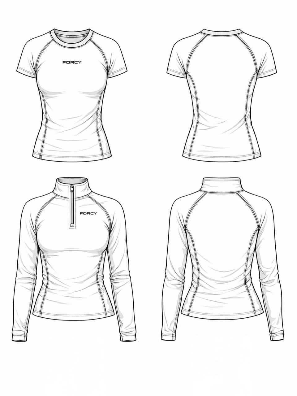 Front and back flats of a raglan training tee and a half-zip long-sleeve top