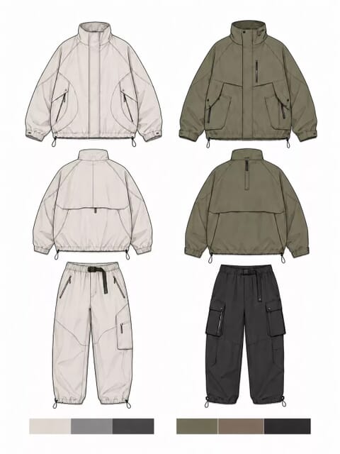 Flats of a jacket and cargo trousers in two colorways with swatches