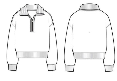 Front and back flats of a half-zip knit sweater with rib collar, cuffs and hem
