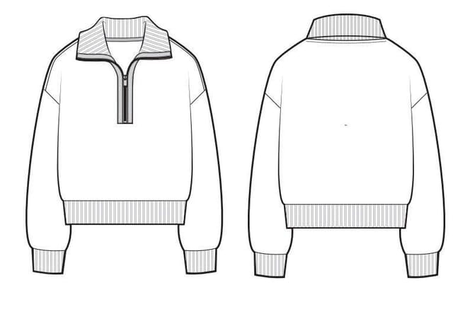 Front and back flats of a half-zip sweatshirt with rib trims