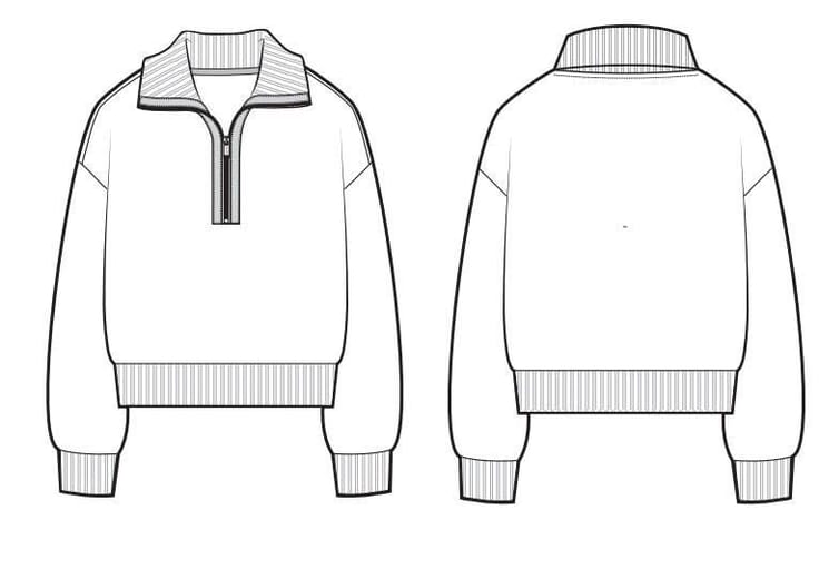 Desenhos de frente e costas de uma sweatshirt com meio fecho e ribanas