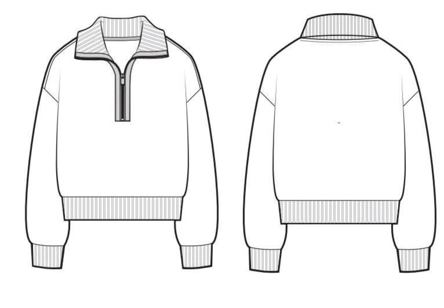 Front and back flats of a half-zip sweatshirt with rib trims