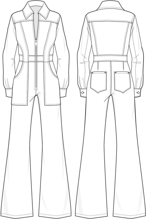 Front and back flats of a collared jumpsuit with topstitched seams and patch pockets