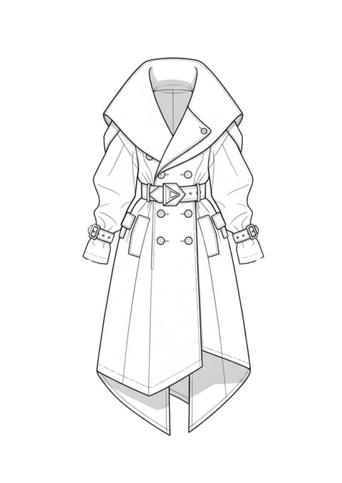 Technical flat of a double-breasted belted coat with a wide collar and asymmetric hem