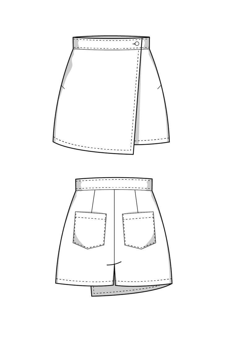Front and back flats of a wrap skirt with patch pockets and a tie waist