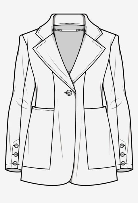 Front flat of a single-button blazer with patch pockets and cuff buttons