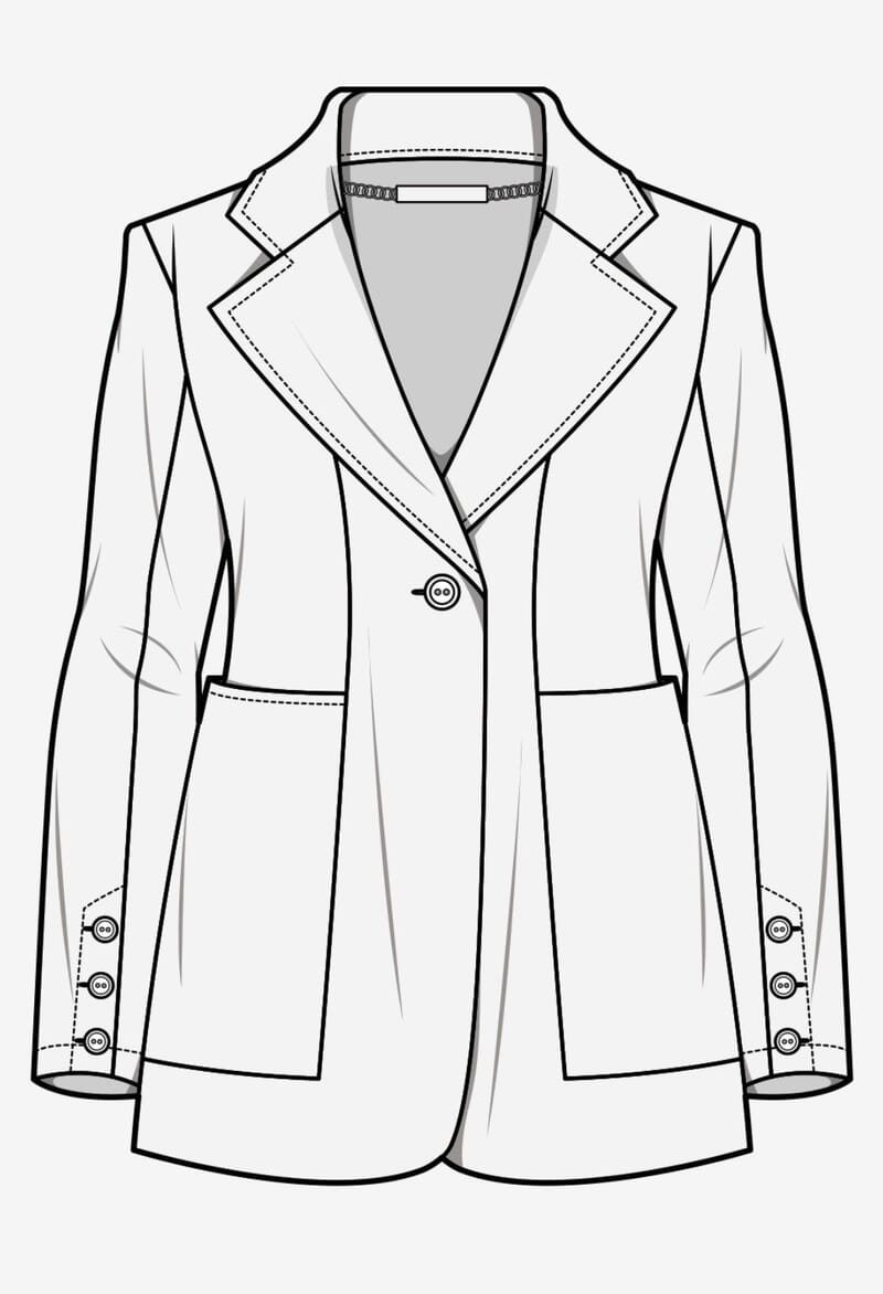Flat drawing of a single-button tailored jacket with patch pockets