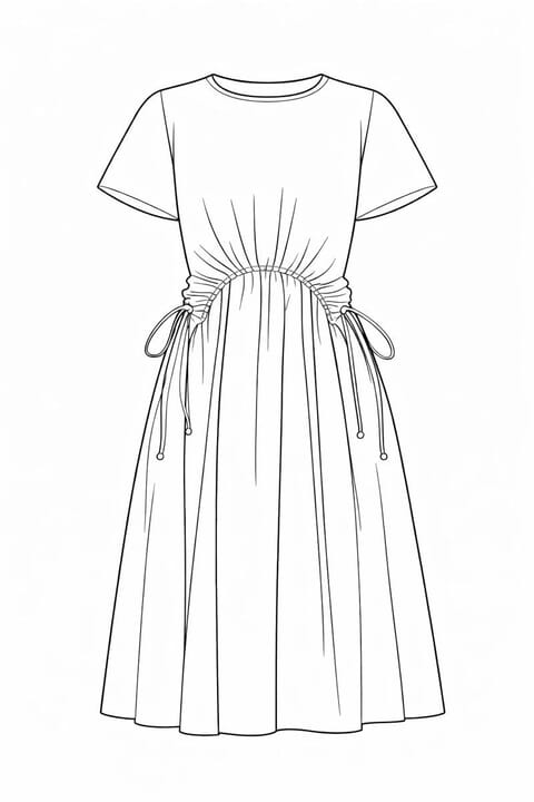 Front flat of a short-sleeve dress with drawstring side ruching