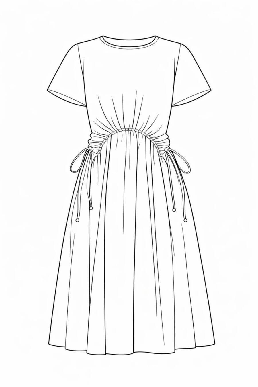 Flat drawing of a short-sleeve dress with a drawstring waist