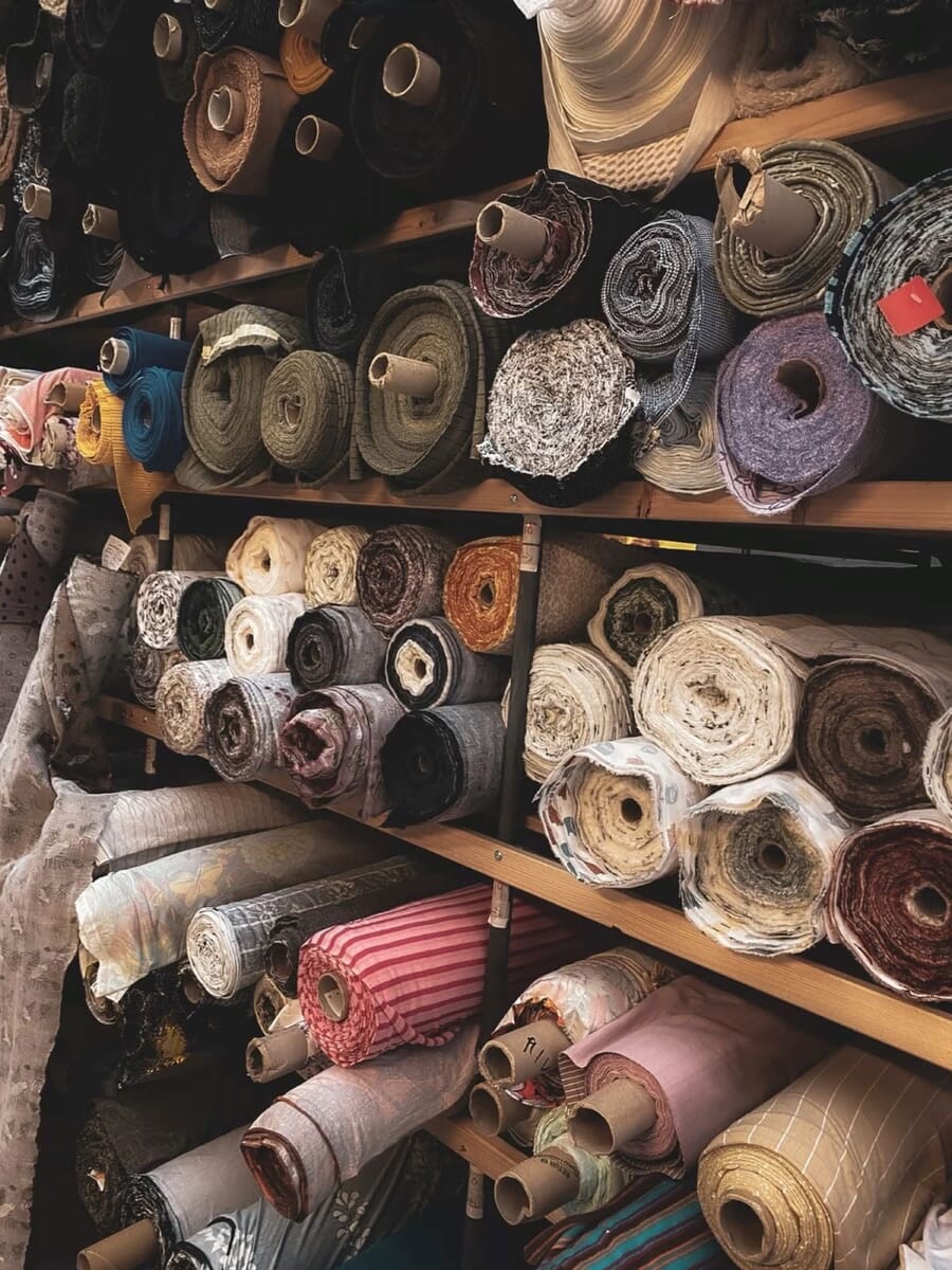 Wooden shelves of patterned and plain fabric rolls