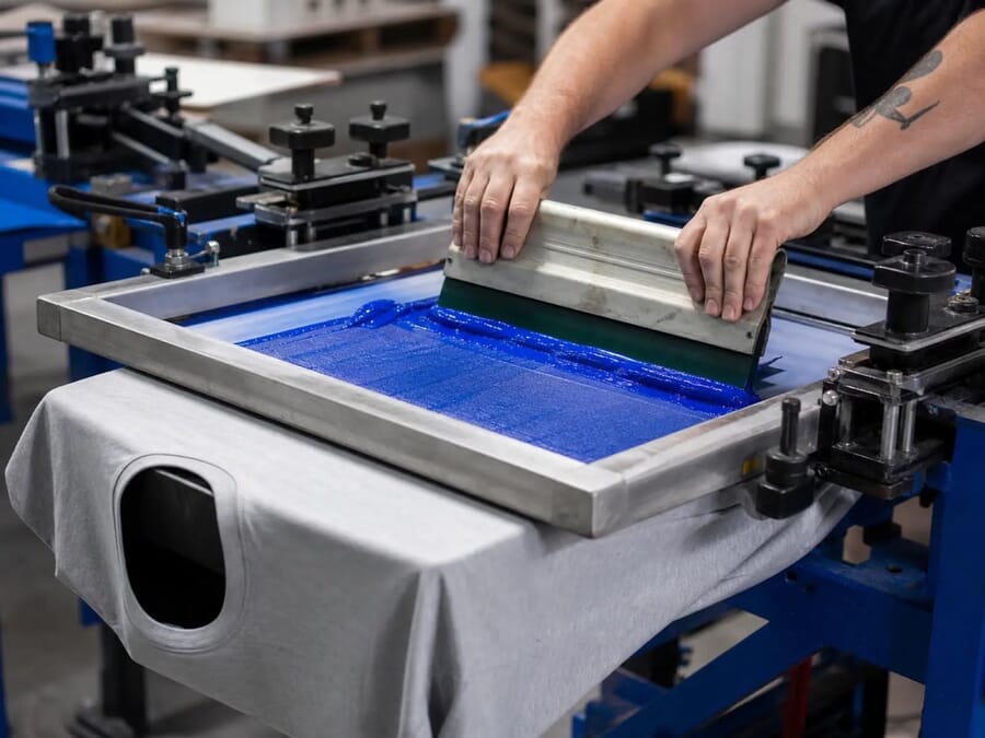 M&atilde;os a puxar a tinta com o rodo num quadro de serigrafia