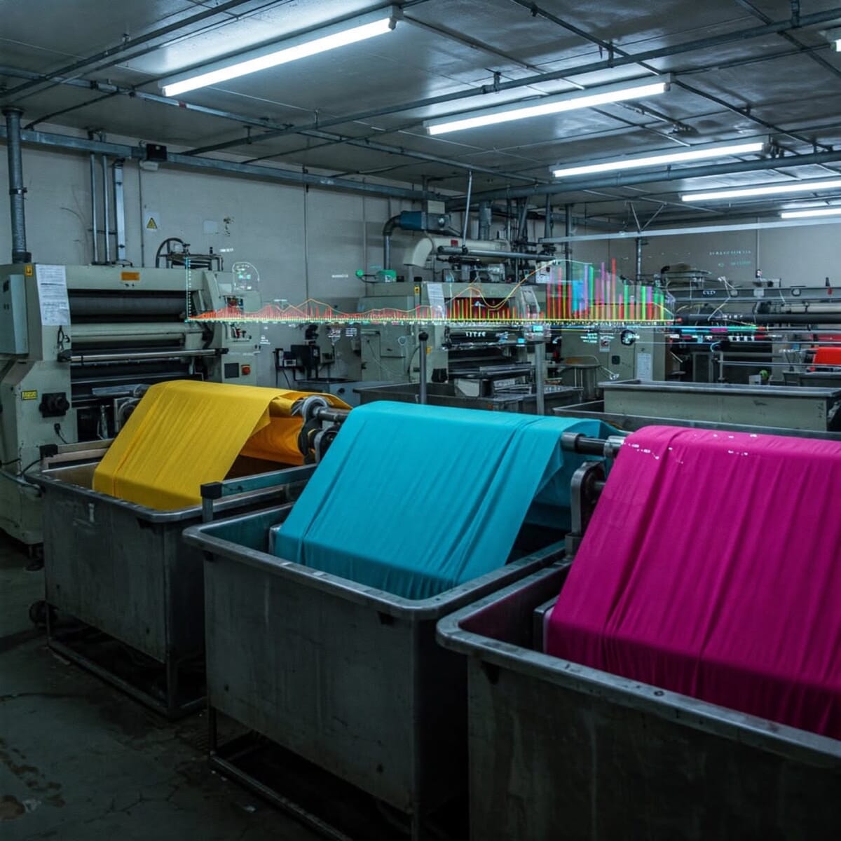 Freshly dyed yellow, turquoise and magenta fabric piled in carts in a textile dyeing plant
