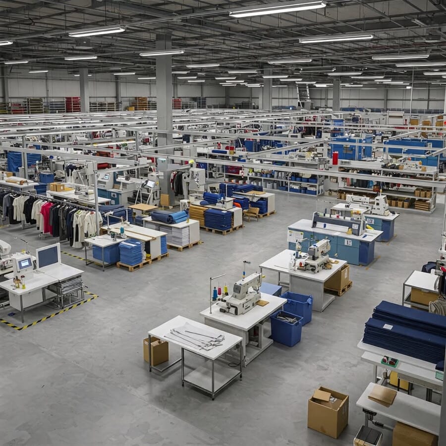 Large, tidy sewing floor seen from above with rows of machines, blue bins and rails of samples