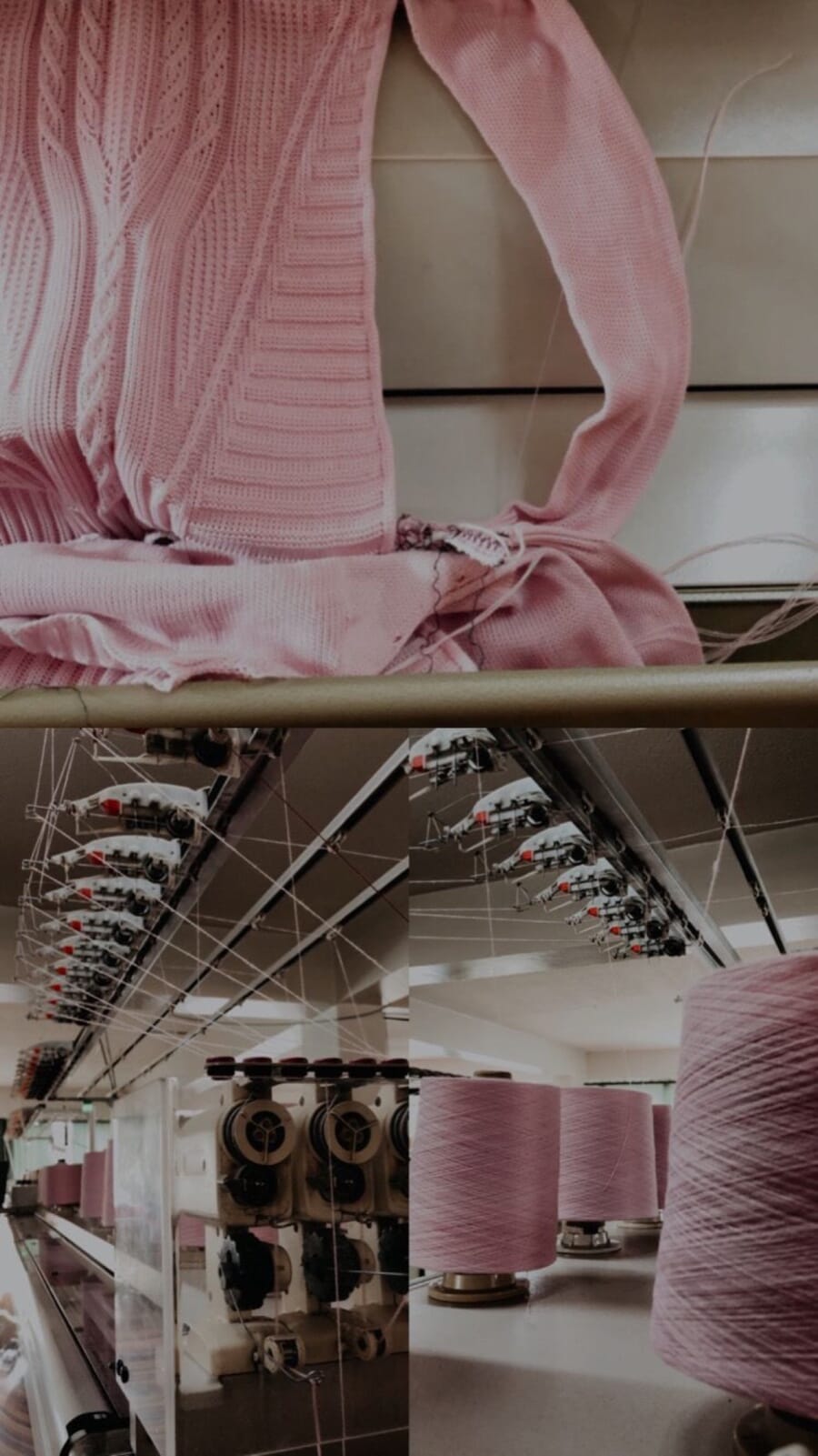 Pink knitted fabric above rows of pink yarn cones in a knitting room