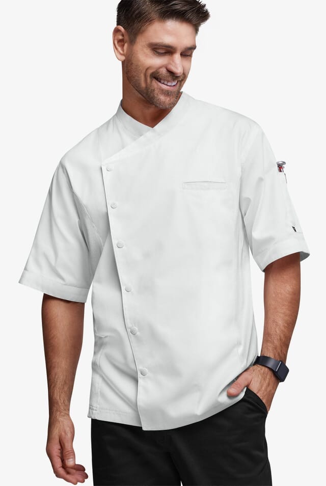 Chef in a white short-sleeve chef jacket with a cross-over snap front