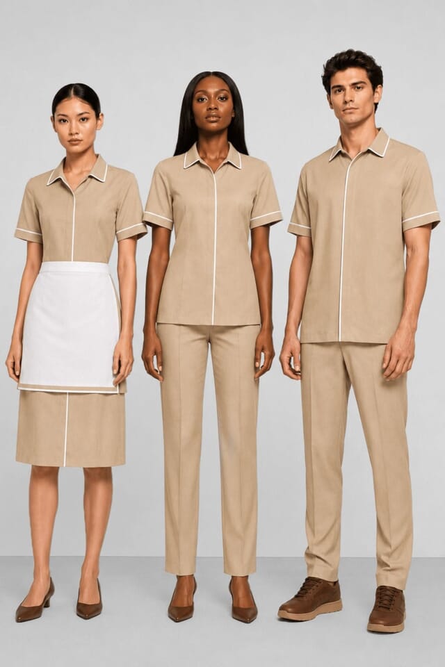 Three staff in matching beige tunics and trousers with contrast piping, one wearing a white apron