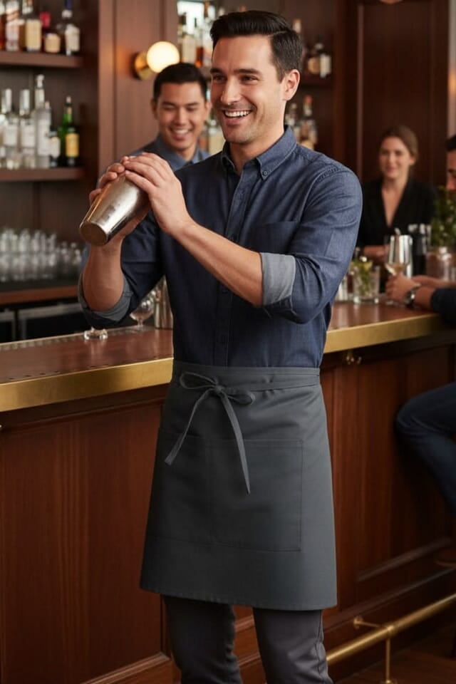 Bartender in a navy shirt and charcoal waist apron shaking a cocktail behind the bar