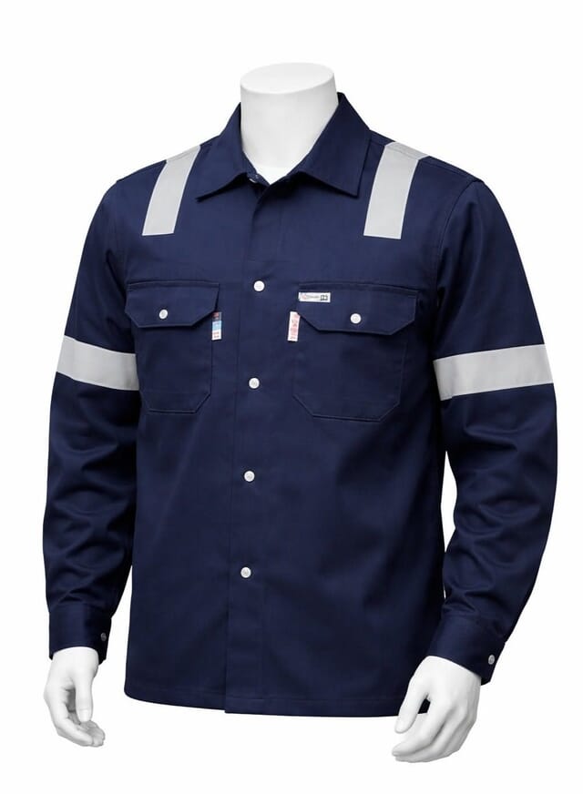 Navy long-sleeve work shirt with silver reflective tape across the chest, shoulders and sleeves, on a mannequin