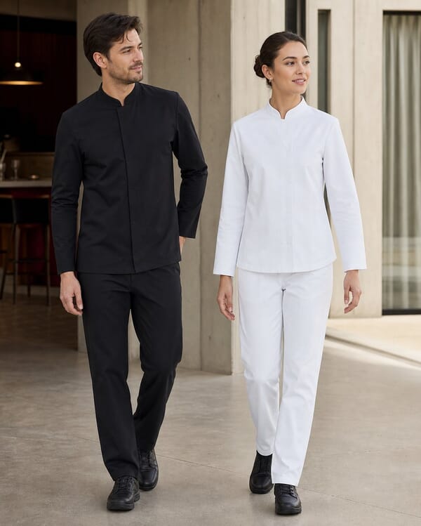 Two chefs in black and white stand-collar chef uniforms