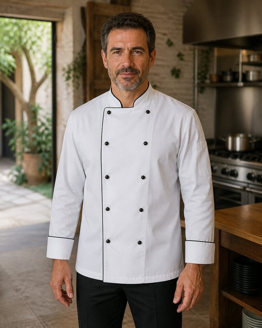 Chef in a white double-breasted chef jacket with black piping in a restaurant kitchen
