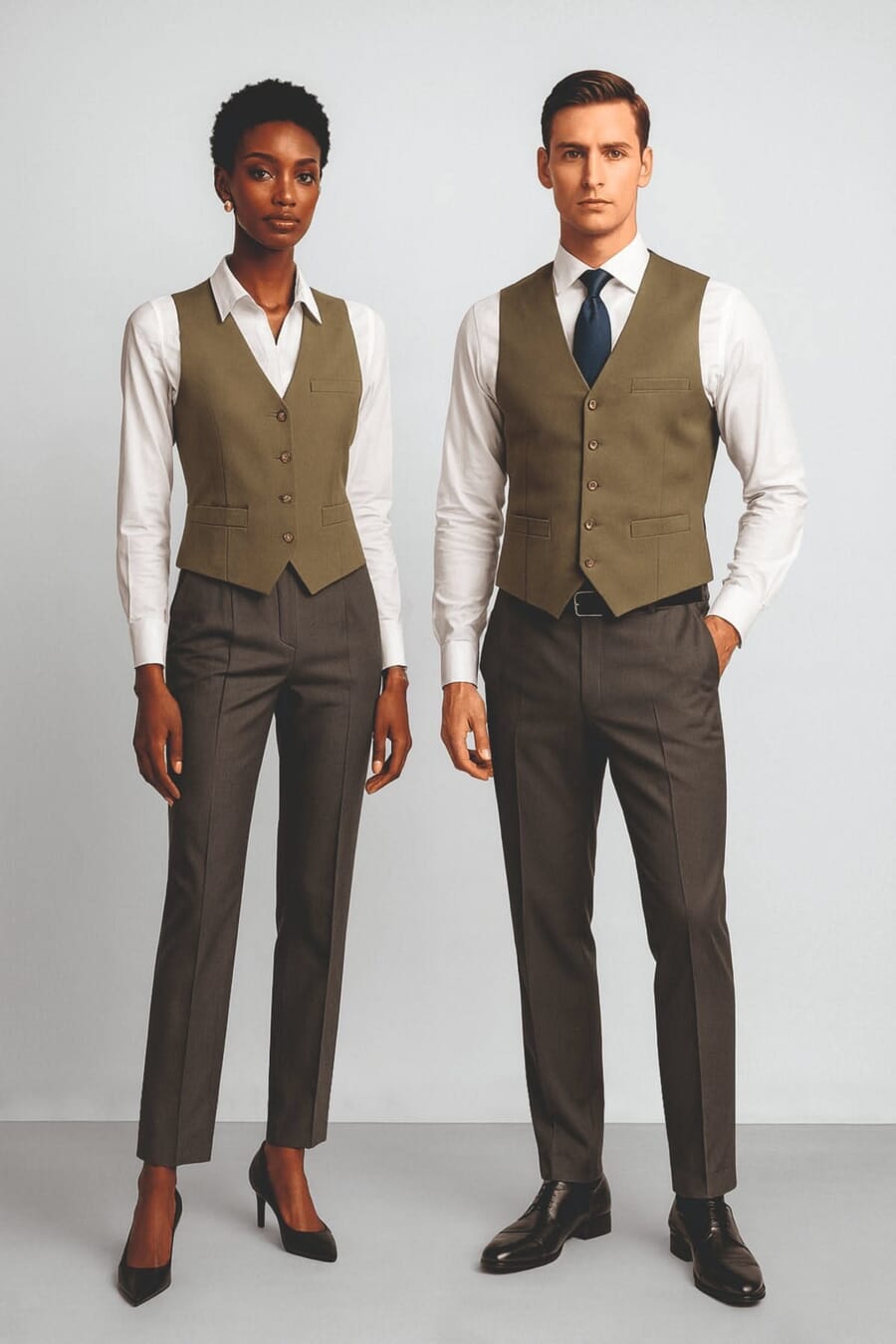 Two hospitality staff in olive waistcoats, white shirts and dark trousers