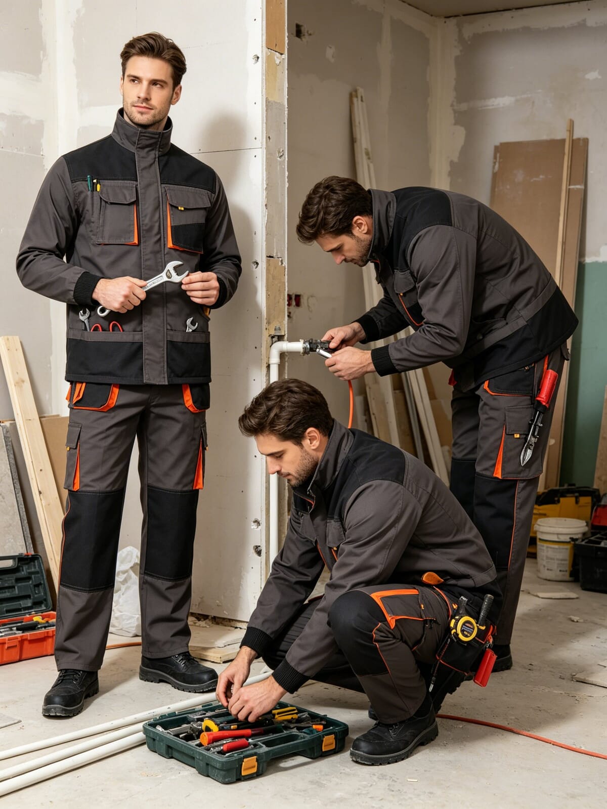Three technicians in dark grey work jackets and trousers with orange trim