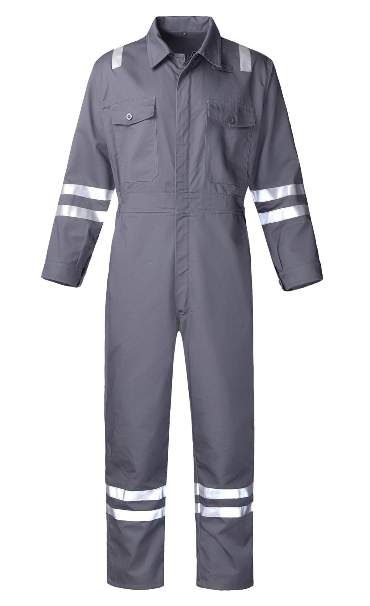 Grey work coverall with reflective bands on the arms and legs