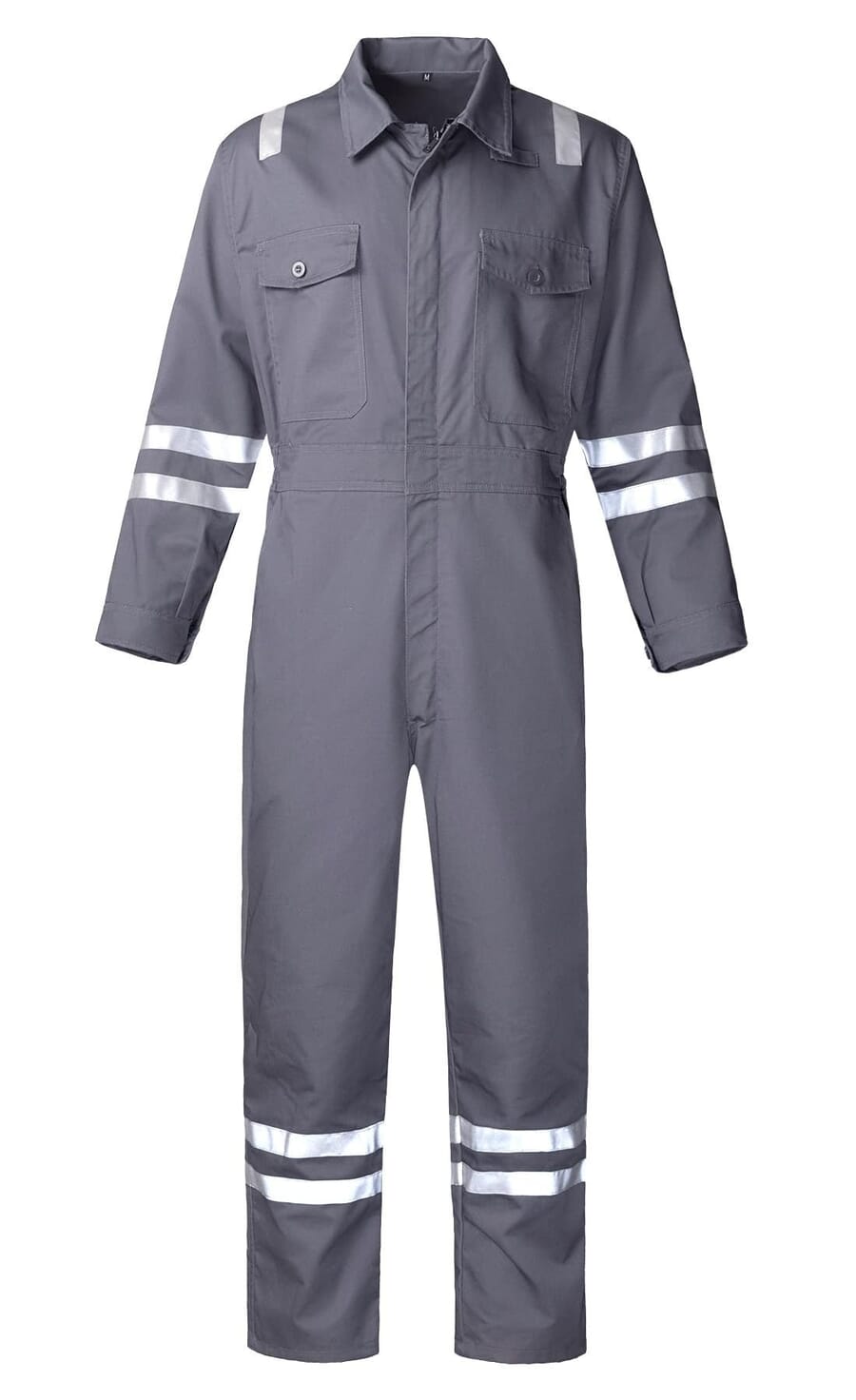 Grey work coverall with reflective bands on the arms and legs
