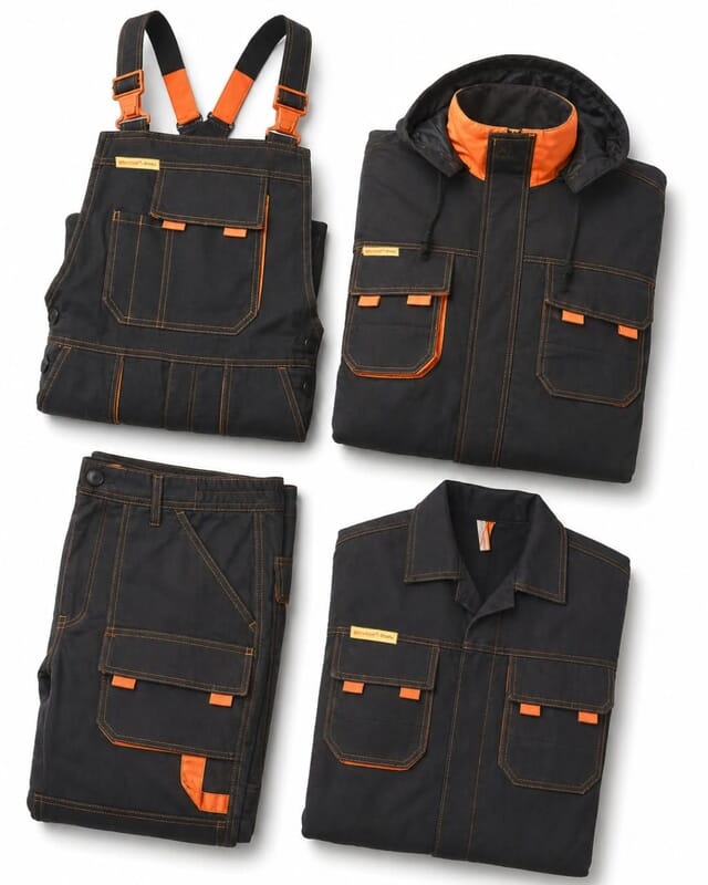 Conjunto de roupa de trabalho: jardineiras e casacos com detalhes laranja