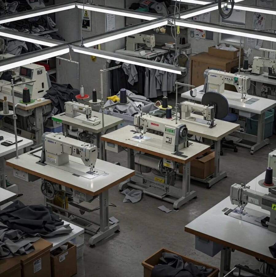 Rows of single-needle sewing machines with garments draped over the tables