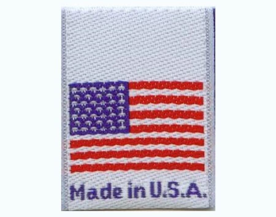 White woven label with a US flag above the words Made in U.S.A.