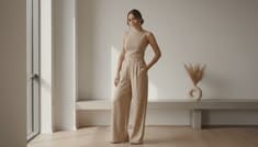 Neatly folded neutral-toned modal loungewear and sleepwear pieces stacked on a wooden shelf at a Portuguese garment factory.