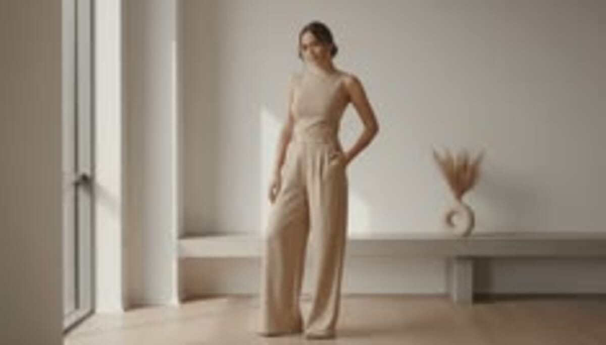 Neatly folded neutral-toned modal loungewear and sleepwear pieces stacked on a wooden shelf at a Portuguese garment factory.