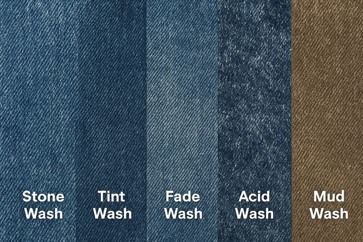 Guide to denim washes comparing stone, acid, and dirty jeans finishing techniques on a production reference chart.