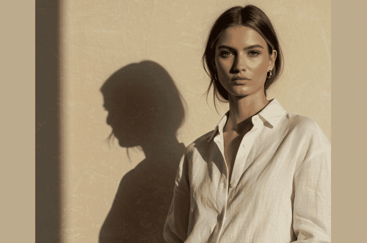 A woman standing against a sunlit cream wall wearing a loose, unstructured cream shirt, showing how a drapey cellulosic fabric falls on the body.